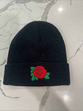 Black Beanie with Red Rose Embroidery